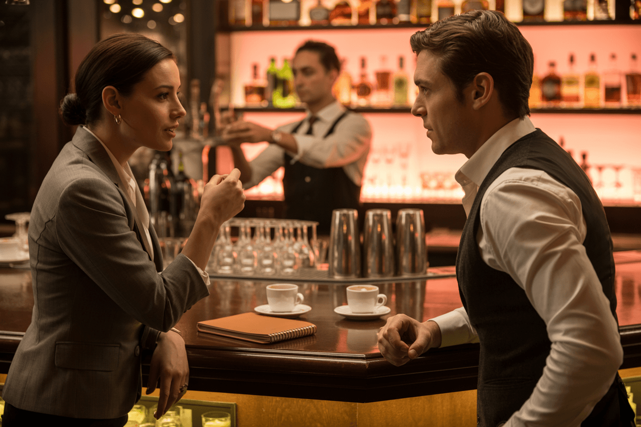 Two hospitality professionals having a working conversation at a cocktail bar