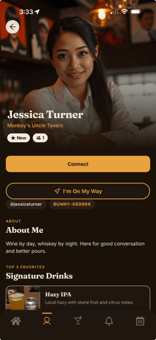 A bartender's profile in the Bar Bunny app, with a Connect button
