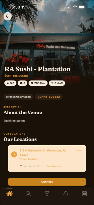 RA Sushi's venue profile in the Bar Bunny app